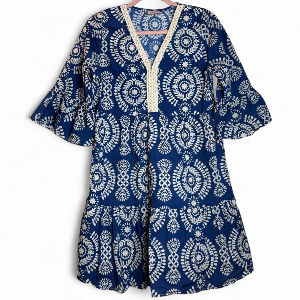 SAIPH LAB Santorini Blue & White Boho Bell Sleeve Dress Or beach Coveup (Med)